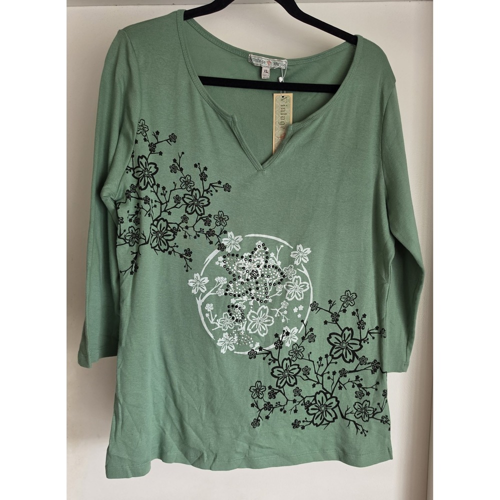 Vintage Suzie Women XL Green Floral Cotton Long Sleeve T-Shirt Top NWT